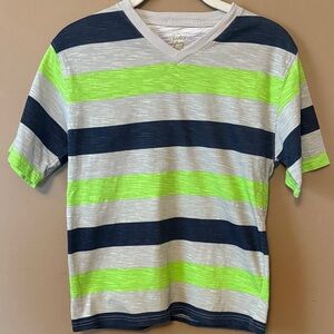 Boys Striped V-Neck Tee Green and Navy Boys Large Casual Shirt